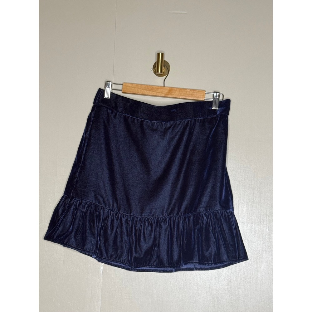 J.Crew Navy Velvet Mini Skirt Ruffle Hem Pull On Size Medium - Picture 2 of 6